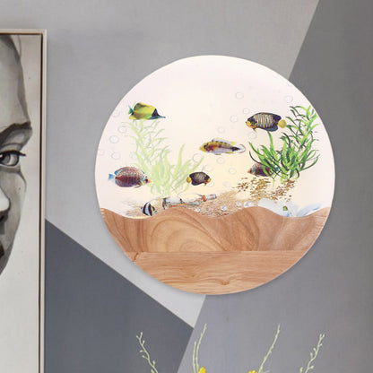 Vivolux | LED Wandleuchte Nachttisch Asia Stil Holz Fisch und Unterwasserpflanzen Wandgemälde Licht mit rundem Acrylschirm