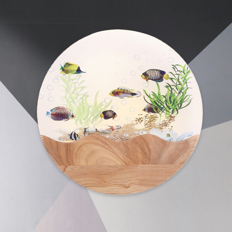 Vivolux | LED Wandleuchte Nachttisch Asia Stil Holz Fisch und Unterwasserpflanzen Wandgemälde Licht mit rundem Acrylschirm