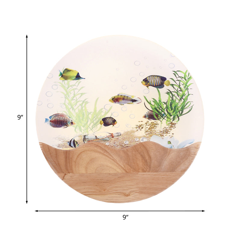 Vivolux | LED Wandleuchte Nachttisch Asia Stil Holz Fisch und Unterwasserpflanzen Wandgemälde Licht mit rundem Acrylschirm