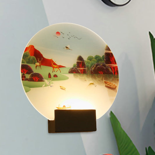 Vivolux | Schwarze Kreisform Elch und See Wandlampe Chinesischer Stil LED Acryl Wandmontierte Lichtarmatur