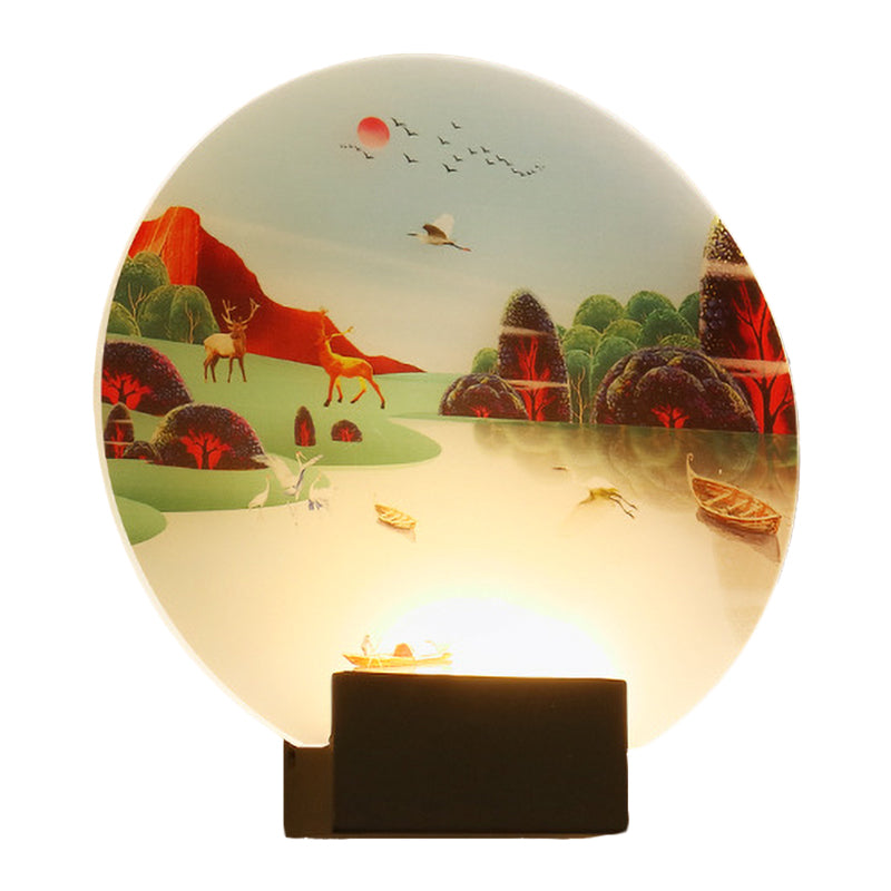 Vivolux | Schwarze Kreisform Elch und See Wandlampe Chinesischer Stil LED Acryl Wandmontierte Lichtarmatur