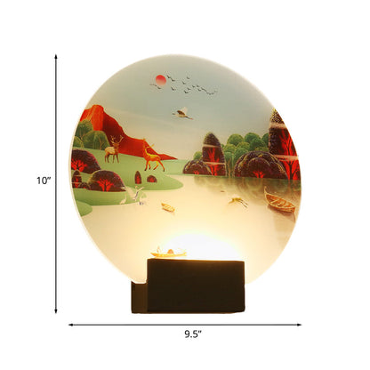 Vivolux | Schwarze Kreisform Elch und See Wandlampe Chinesischer Stil LED Acryl Wandmontierte Lichtarmatur