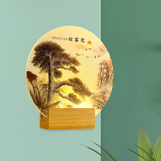 Vivolux | Runde Kieferbaum und Berg Wandleuchte Orientalischer Stil Acryl LED Holz Wandmural Lampe