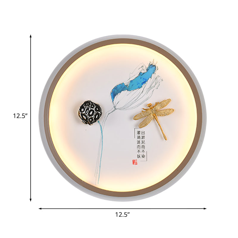 Vivolux | Gelbe und blaue kreisförmige Libelle Wandbeleuchtung Asiastil LED Metall Wandlampe für Flur