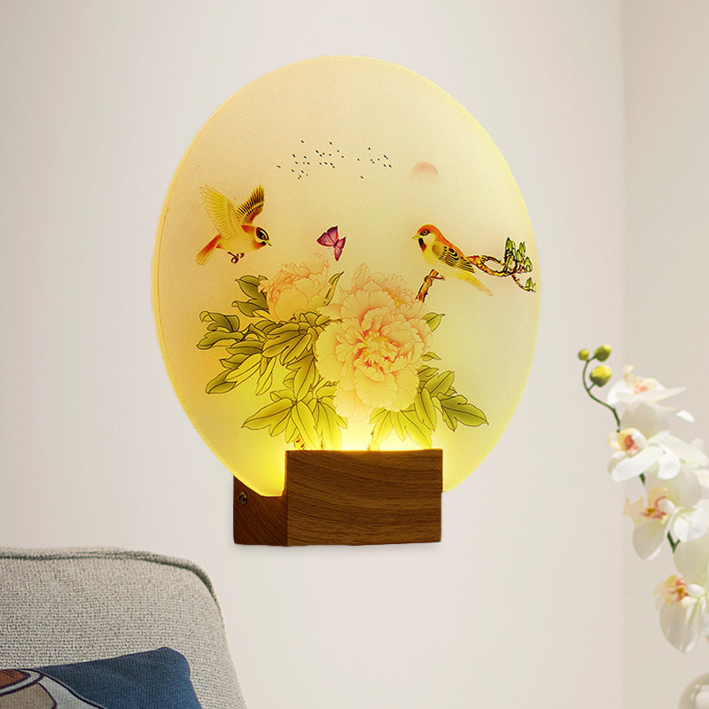 Vivolux | Braune Kreisförmige Blüte und Vogel Wandmalerei Licht Asien Stil LED Acryl Wandmontage Beleuchtung für Schlafzimmer