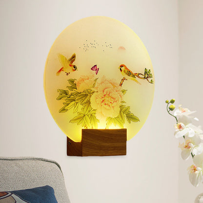 Vivolux | Braune Kreisförmige Blüte und Vogel Wandmalerei Licht Asien Stil LED Acryl Wandmontage Beleuchtung für Schlafzimmer