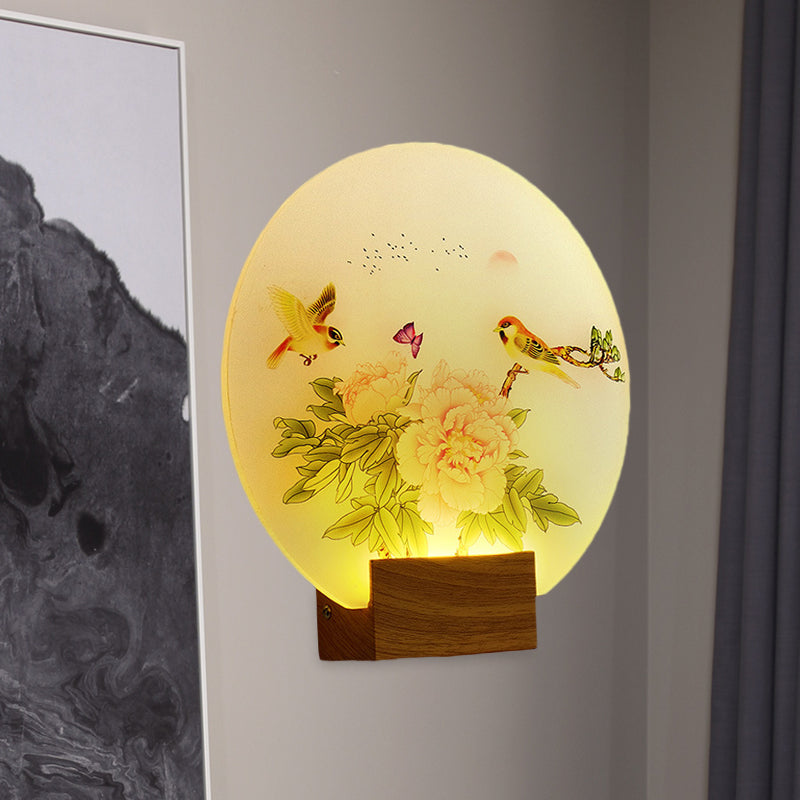 Vivolux | Braune Kreisförmige Blüte und Vogel Wandmalerei Licht Asien Stil LED Acryl Wandmontage Beleuchtung für Schlafzimmer