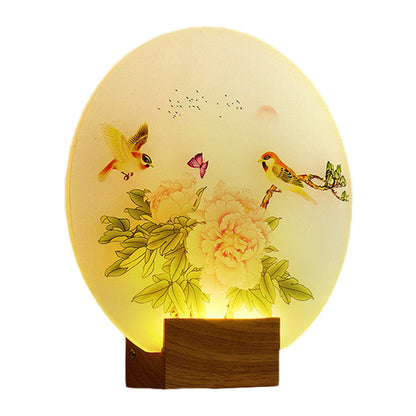 Vivolux | Braune Kreisförmige Blüte und Vogel Wandmalerei Licht Asien Stil LED Acryl Wandmontage Beleuchtung für Schlafzimmer