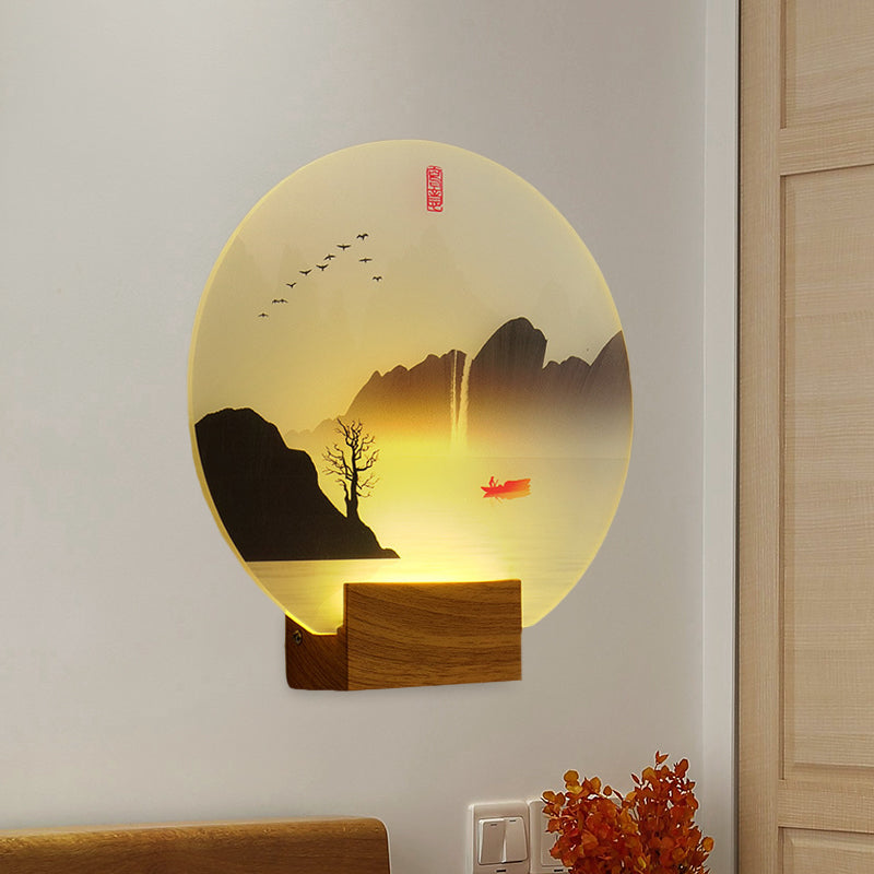 Vivolux | Runder Akryl Rivier en Berg Muurschildering Licht Chinese Stijl LED Bruin Wandmontage Lichtarmatuur