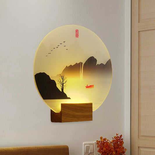 Vivolux | Runder Akryl Rivier en Berg Muurschildering Licht Chinese Stijl LED Bruin Wandmontage Lichtarmatuur