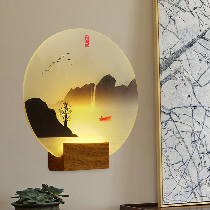 Vivolux | Runder Akryl Rivier en Berg Muurschildering Licht Chinese Stijl LED Bruin Wandmontage Lichtarmatuur