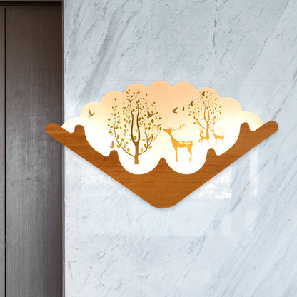 Vivolux | Acryl Fächerförmige Wandlampe Asien Stil LED Holz Wandbild Licht mit Elch und See/Wald Muster