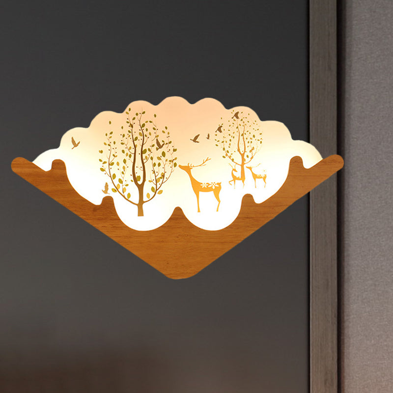 Vivolux | Acryl Fächerförmige Wandlampe Asien Stil LED Holz Wandbild Licht mit Elch und See/Wald Muster