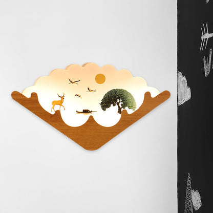 Vivolux | Acryl Fächerförmige Wandlampe Asien Stil LED Holz Wandbild Licht mit Elch und See/Wald Muster