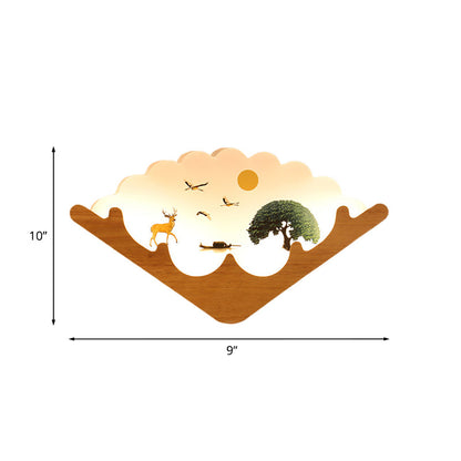 Vivolux | Acryl Fächerförmige Wandlampe Asien Stil LED Holz Wandbild Licht mit Elch und See/Wald Muster