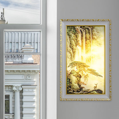 Vivolux | Chinesisch Rechteck Acryll Wandmural Licht LED Wandbeleuchtung in Gold mit Tannenbaum und Wasserfallmuster
