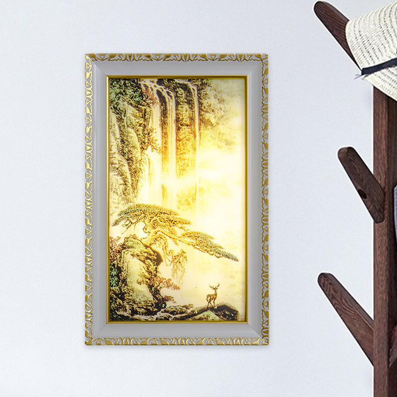 Vivolux | Chinesisch Rechteck Acryll Wandmural Licht LED Wandbeleuchtung in Gold mit Tannenbaum und Wasserfallmuster