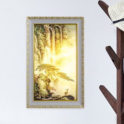 Vivolux | Chinesisch Rechteck Acryll Wandmural Licht LED Wandbeleuchtung in Gold mit Tannenbaum und Wasserfallmuster