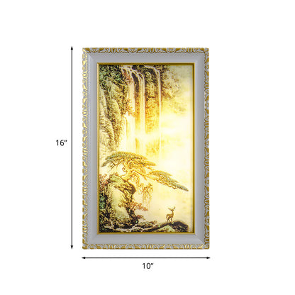 Vivolux | Chinesisch Rechteck Acryll Wandmural Licht LED Wandbeleuchtung in Gold mit Tannenbaum und Wasserfallmuster