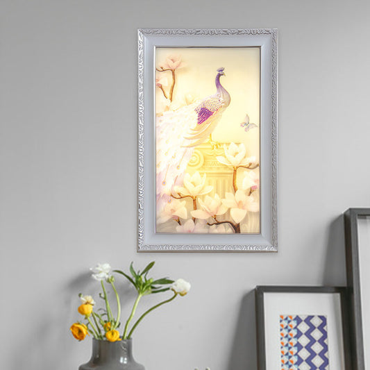 Vivolux | Weiße und rosa rechteckige Wandbeleuchtung orientalischer Stil LED Acryl Wandlampe mit Pfau und Magnolien Design