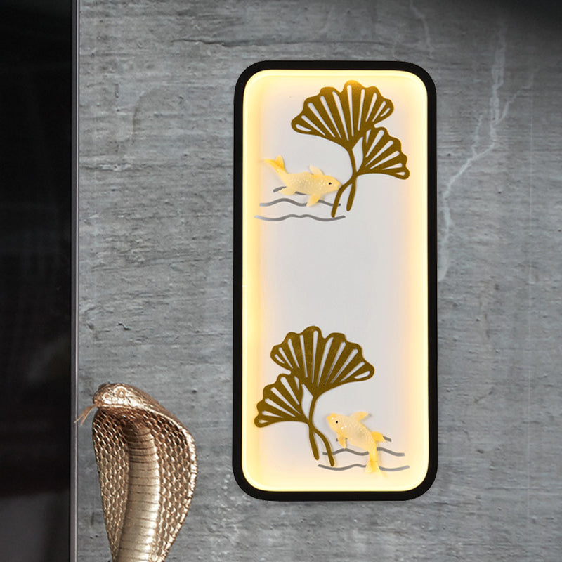 Vivolux | LED Schlafzimmer Wandbeleuchtung Chinesischer Stil Schwarzes Ginkgo Muster Wandmural Lampe mit rechteckigem Metallschirm