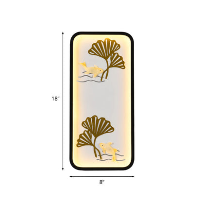 Vivolux | LED Schlafzimmer Wandbeleuchtung Chinesischer Stil Schwarzes Ginkgo Muster Wandmural Lampe mit rechteckigem Metallschirm