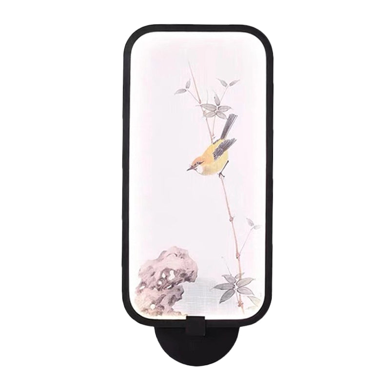Vivolux | Acryl Rechteck Wandmural Licht Chinesischer Stil LED schwarze wandmontierte Lampe mit Vogel Muster