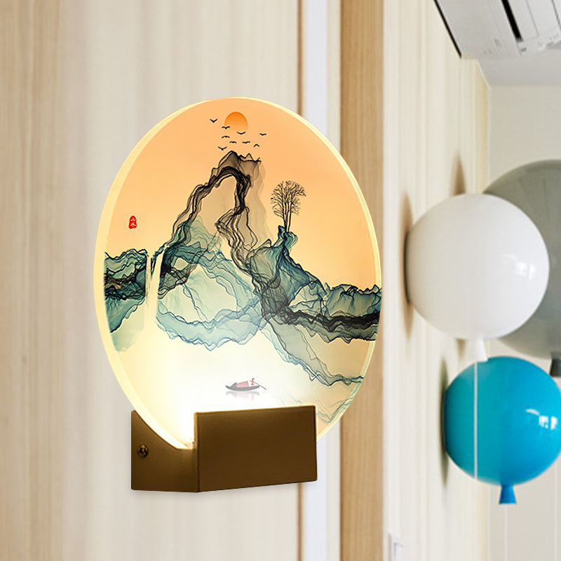 Vivolux | Blaue Runde Wandmural Lampe Chinesischer Stil LED Acryl Wandlicht mit Berg- und Sonnenmuster