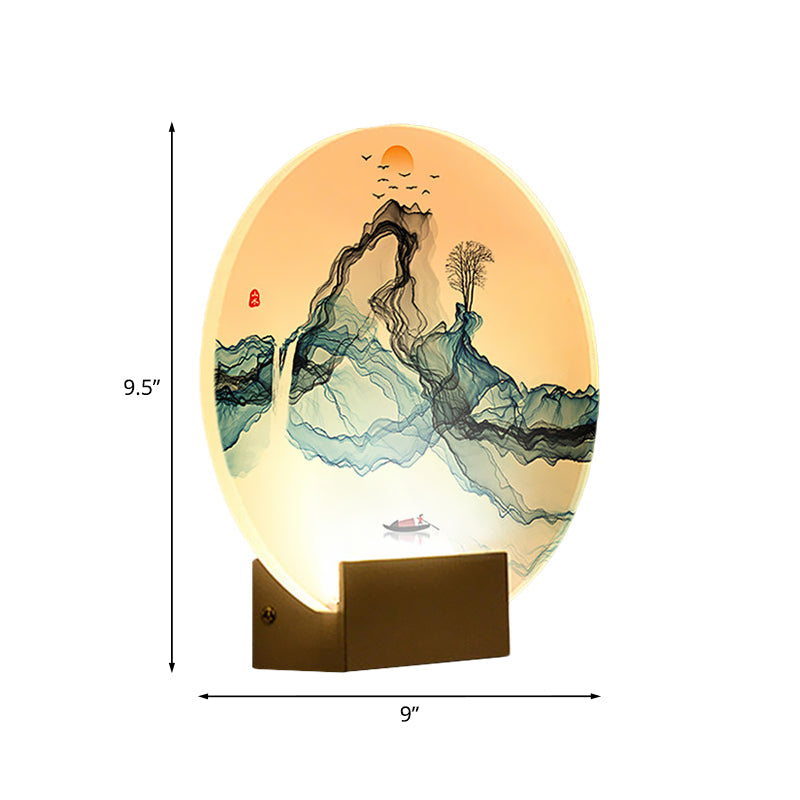 Vivolux | Blaue Runde Wandmural Lampe Chinesischer Stil LED Acryl Wandlicht mit Berg- und Sonnenmuster