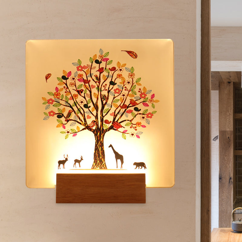 Vivolux | Holz Quadrat Baum und Tier Wandmural Licht Chinesischer Stil LED Acryl Wandbeleuchtung Leuchte