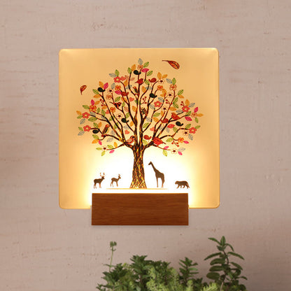 Vivolux | Holz Quadrat Baum und Tier Wandmural Licht Chinesischer Stil LED Acryl Wandbeleuchtung Leuchte