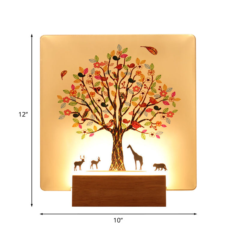 Vivolux | Holz Quadrat Baum und Tier Wandmural Licht Chinesischer Stil LED Acryl Wandbeleuchtung Leuchte