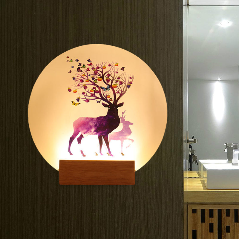 Vivolux | Acryl zirkelförmige Elch-Muster Wandlichtarmatur Chinesischer Stil LED Holz Wandlampe für Schlafzimmer