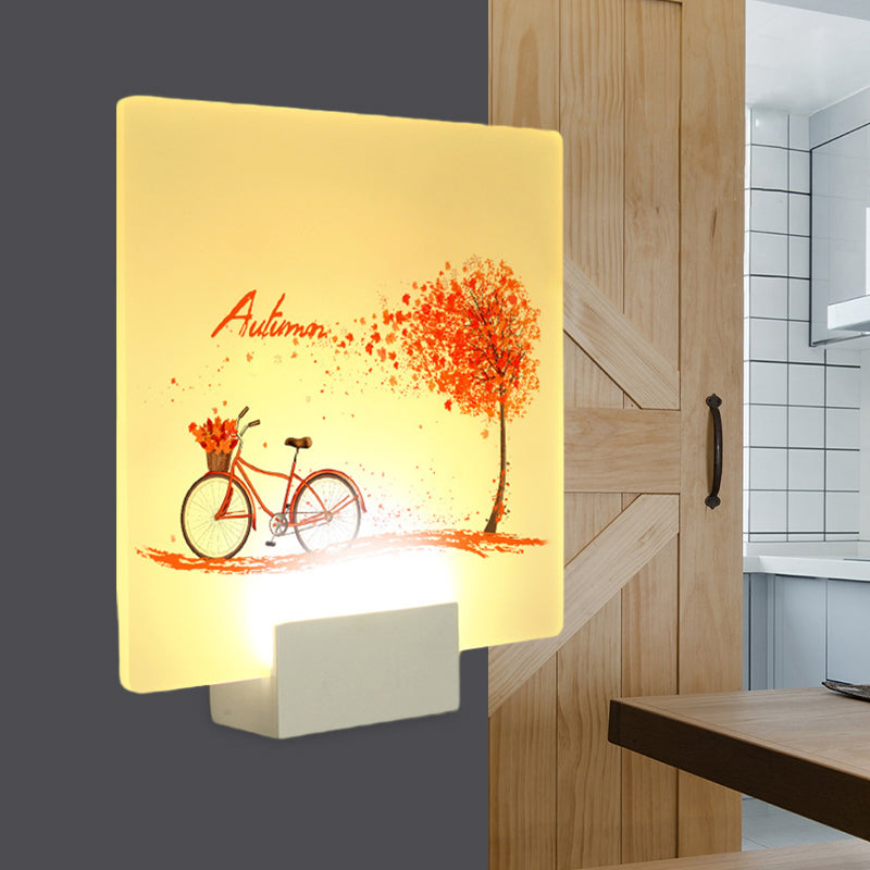 Vivolux | Quadratisches Herbstbaum- und Fahrrad-Wandlampen-Mural aus chinesischem Acryl-LED weiß Wandmontiert Beleuchtung