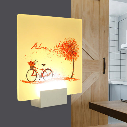 Vivolux | Quadratisches Herbstbaum- und Fahrrad-Wandlampen-Mural aus chinesischem Acryl-LED weiß Wandmontiert Beleuchtung