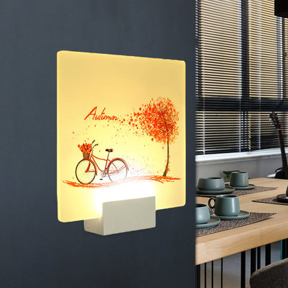 Vivolux | Quadratisches Herbstbaum- und Fahrrad-Wandlampen-Mural aus chinesischem Acryl-LED weiß Wandmontiert Beleuchtung