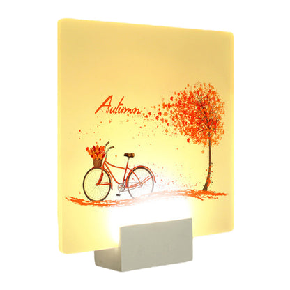 Vivolux | Quadratisches Herbstbaum- und Fahrrad-Wandlampen-Mural aus chinesischem Acryl-LED weiß Wandmontiert Beleuchtung
