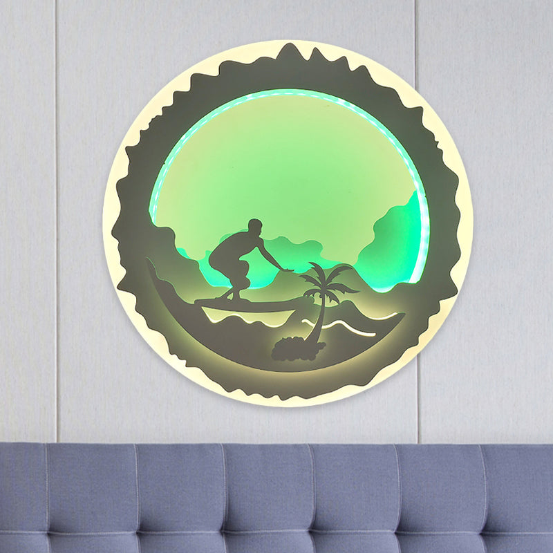 Vivolux | Runde Schlafzimmer Wandmalerei Licht Acryl LED Chinesischer Stil Wandmontierte Beleuchtung mit Liebender Familie/Surfmuster in Lila/Grün