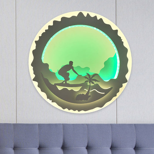 Vivolux | Runde Schlafzimmer Wandmalerei Licht Acryl LED Chinesischer Stil Wandmontierte Beleuchtung mit Liebender Familie/Surfmuster in Lila/Grün