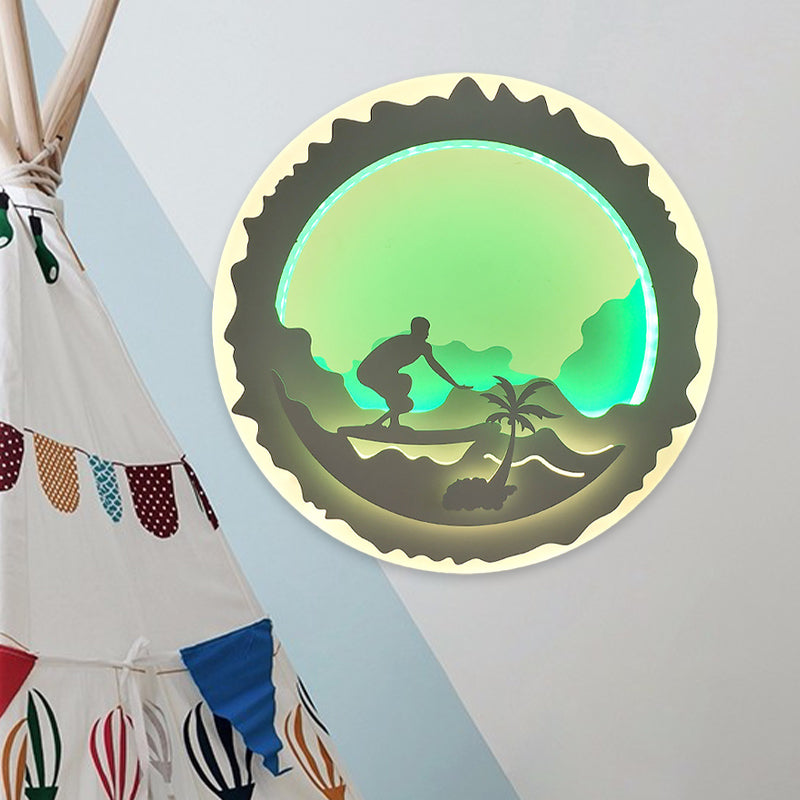 Vivolux | Runde Schlafzimmer Wandmalerei Licht Acryl LED Chinesischer Stil Wandmontierte Beleuchtung mit Liebender Familie/Surfmuster in Lila/Grün