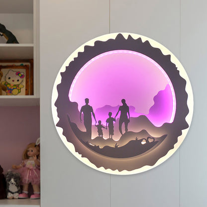 Vivolux | Runde Schlafzimmer Wandmalerei Licht Acryl LED Chinesischer Stil Wandmontierte Beleuchtung mit Liebender Familie/Surfmuster in Lila/Grün