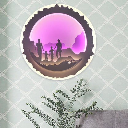 Vivolux | Runde Schlafzimmer Wandmalerei Licht Acryl LED Chinesischer Stil Wandmontierte Beleuchtung mit Liebender Familie/Surfmuster in Lila/Grün