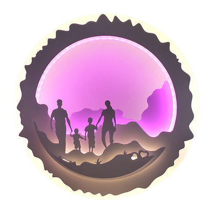 Vivolux | Runde Schlafzimmer Wandmalerei Licht Acryl LED Chinesischer Stil Wandmontierte Beleuchtung mit Liebender Familie/Surfmuster in Lila/Grün