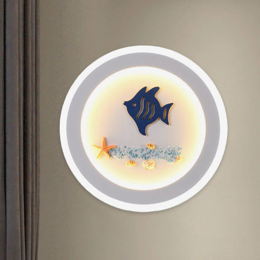 Vivolux | Weiße runde Wandleuchte im zeitgenössischen Stil LED-Acryl-Wandmural-Lampe mit Fisch- und Seesternmuster