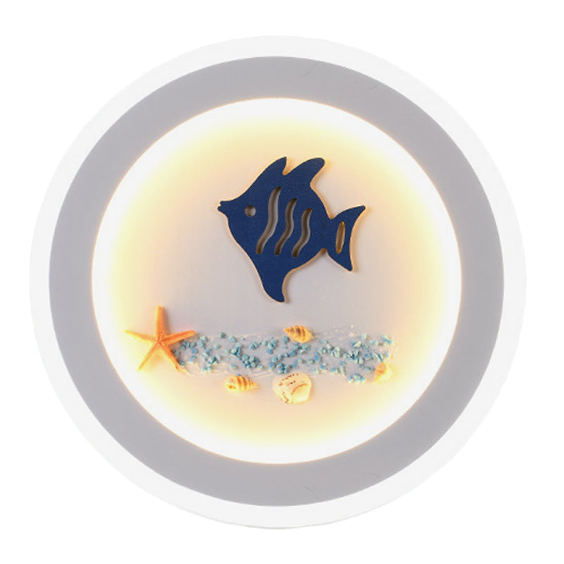 Vivolux | Weiße runde Wandleuchte im zeitgenössischen Stil LED-Acryl-Wandmural-Lampe mit Fisch- und Seesternmuster