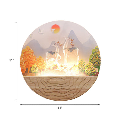 Vivolux | Holz Rund Elk und Berg Wandlampe Minimalistischer Stil LED Acryl Wandmontage Lichtfixture