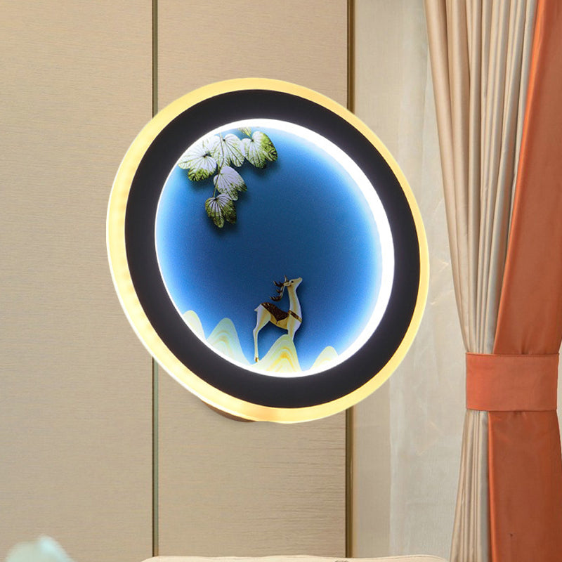 Vivolux | Blau/Geel Runde Wandmontierte Beleuchtung Nordischer Stil LED Acryl Wandbild Licht mit Elch Hirsch Design