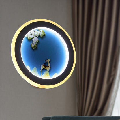Vivolux | Blau/Geel Runde Wandmontierte Beleuchtung Nordischer Stil LED Acryl Wandbild Licht mit Elch Hirsch Design