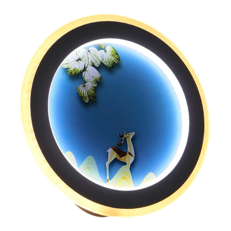 Vivolux | Blau/Geel Runde Wandmontierte Beleuchtung Nordischer Stil LED Acryl Wandbild Licht mit Elch Hirsch Design