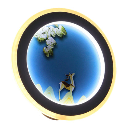 Vivolux | Blau/Geel Runde Wandmontierte Beleuchtung Nordischer Stil LED Acryl Wandbild Licht mit Elch Hirsch Design